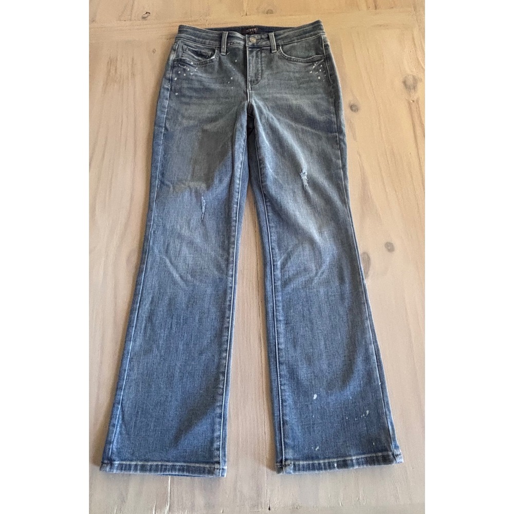 NYDJ Marilyn Straight Leg Jeans Blue Paint Splatter Distressed High Rise Size‎ 4